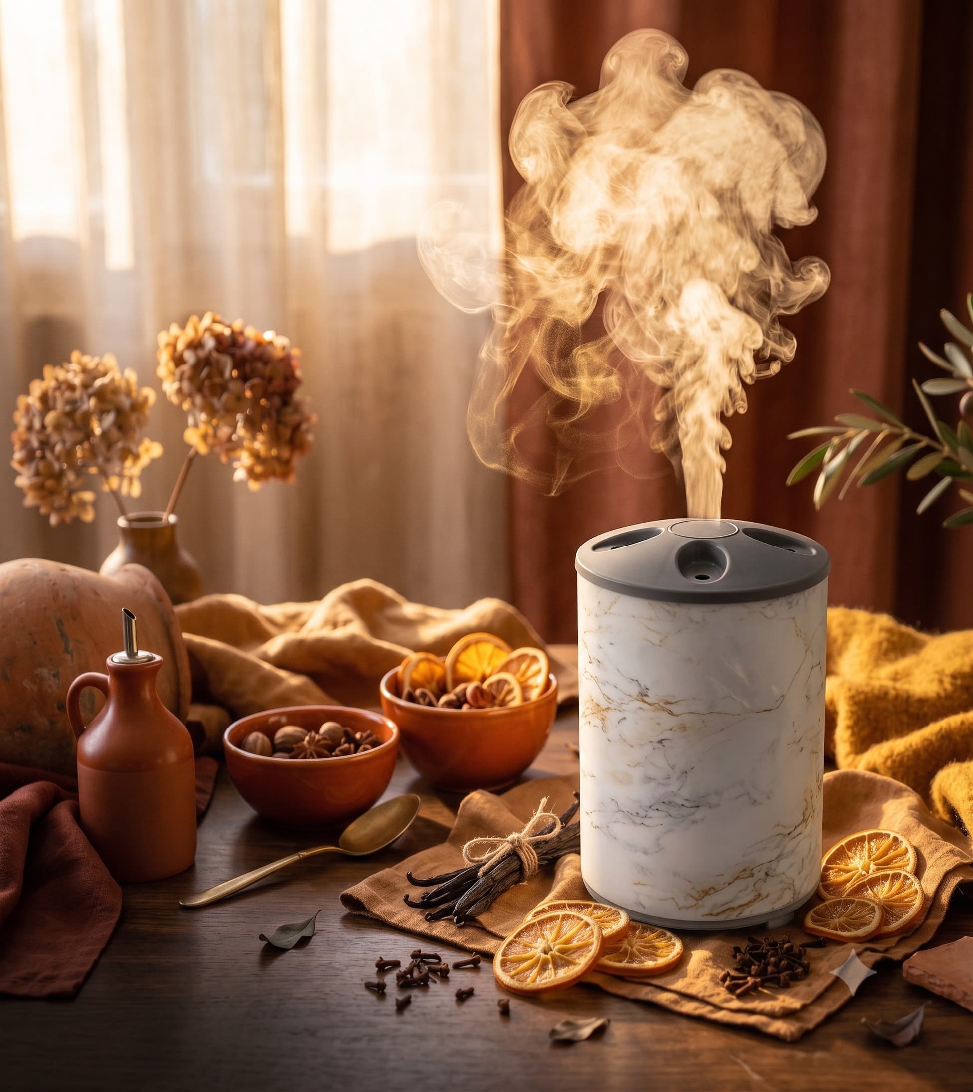 AromaIQ diffuser on an autumn table with dried oranges, vanilla pods and spices