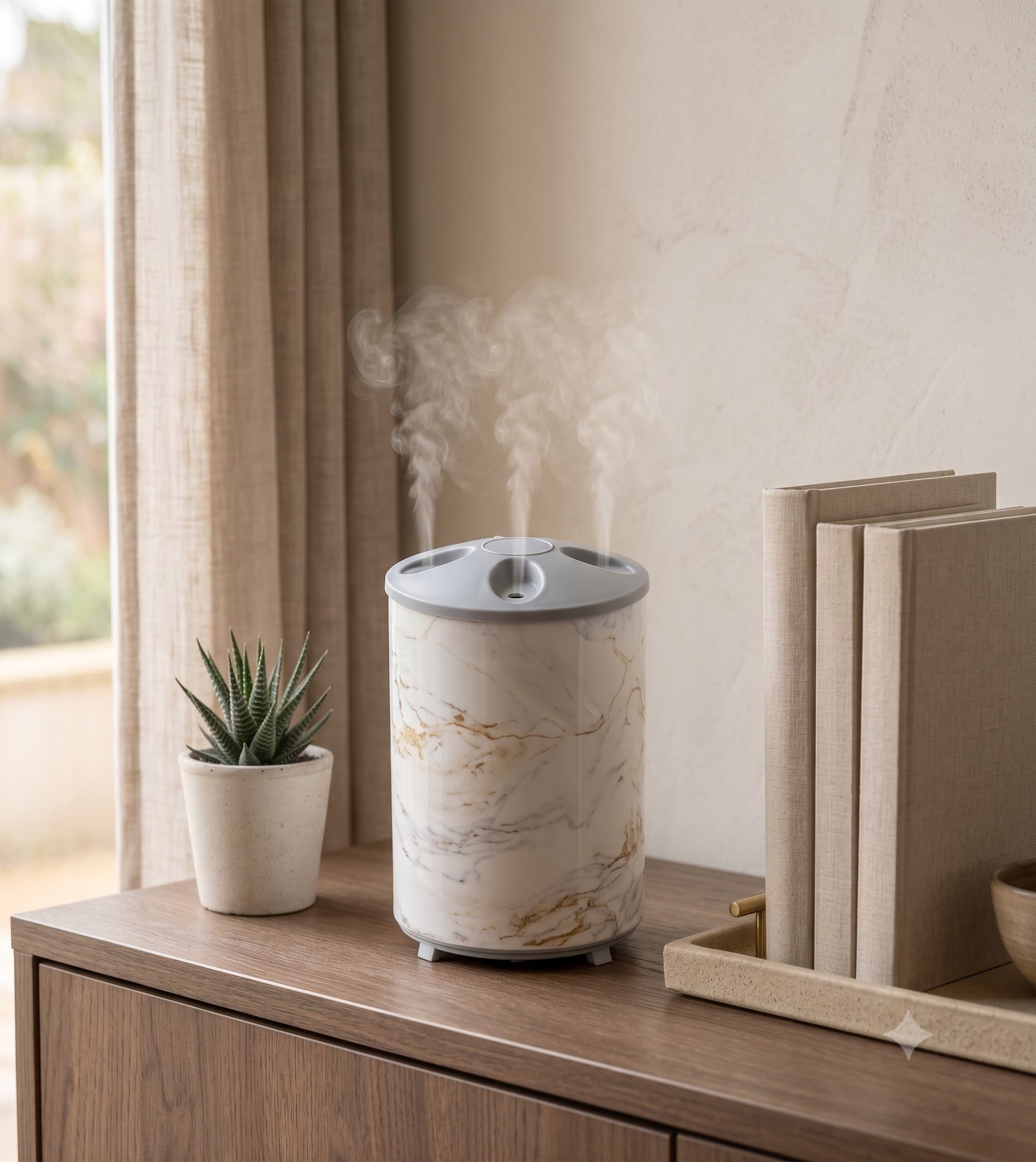 Marble AromaIQ diffuser releasing mist on a walnut console beside a succulent and books